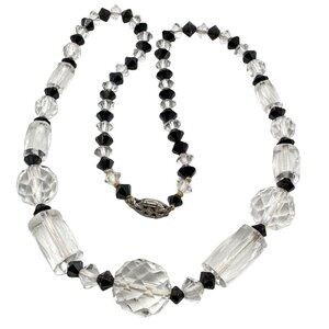 Antique Womens Necklace Vintage Black Clear Glass Bead Choker Necklace